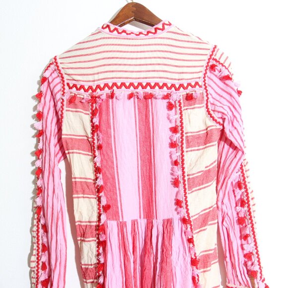 Dodo Bar Or Embroidered Stripe Midi Dress Tassel Fringe Pink Cotton Size Medium - Picture 11 of 14